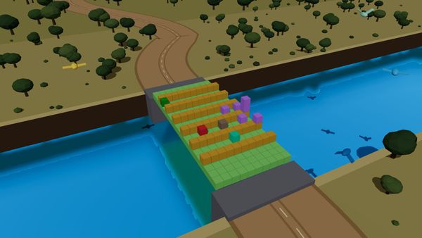 A low-poly bridge of orange, green and purple bricks crossing a blue river, with small objects floating above it.