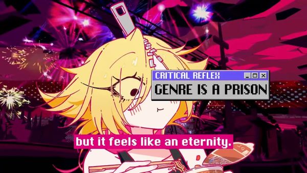An animated host with blond hair holds chopsticks over a bowl beside a pop-up window that reads GENRE IS A PRISON.