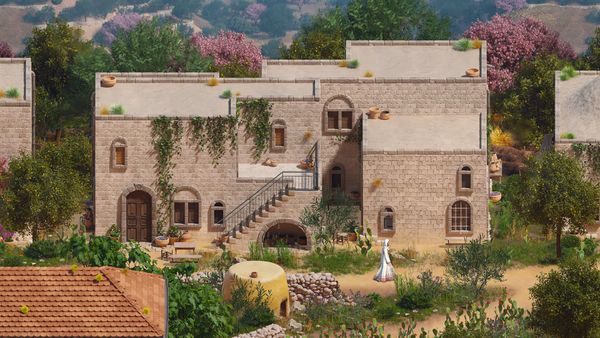 A sunlit stone house among olive trees in a Palestinian village, a screenshot from Dreams on a Pillow
