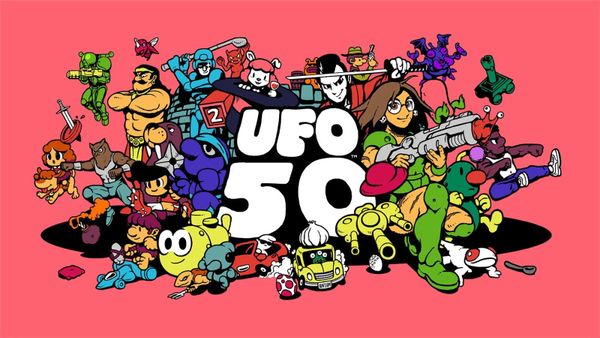 UFO 50 key art: a crowd of cartoon game characters surrounding the UFO 50 logo on a pink background