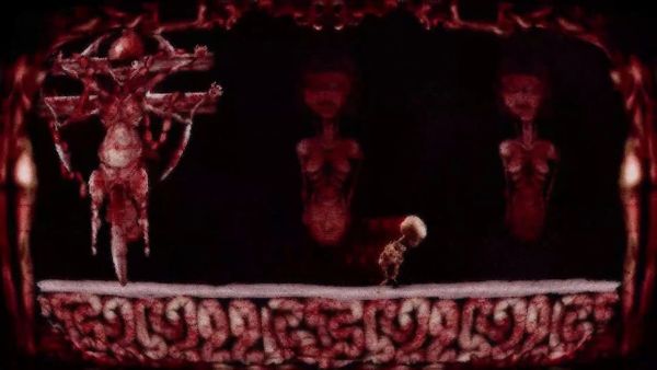 A skeletal figure faces a towering red figure of flesh and bone in a chamber lined with coiled flesh