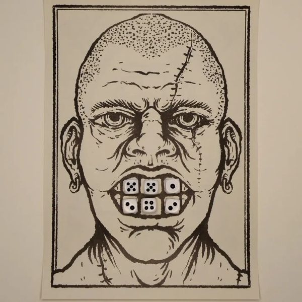 A black-and-white illustration of a scowling bald man with dice for teeth, a card from Fascist Dentist.