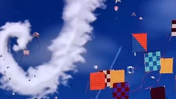 Colorful kites and spiraling clouds in the simulated sky of Funny Weather