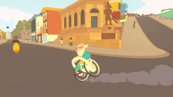 Harvey Huffstone rides a bicycle through a flat-colored town in Future? No Thanks!