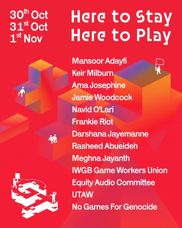 Red festival poster reading Here to Stay, Here to Play, with the dates Oct. 30 to Nov. 1 and a list of 13 speakers and organizations.