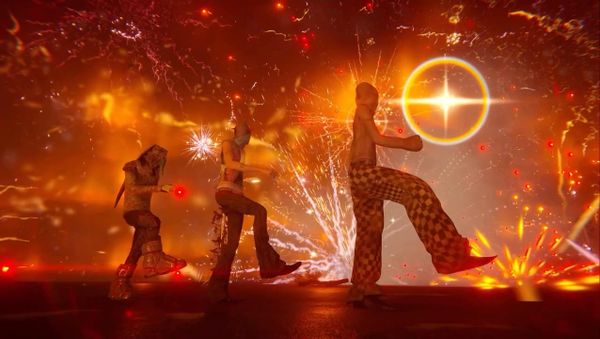 Two masked characters stand in a storm of orange sparks in Geostorm