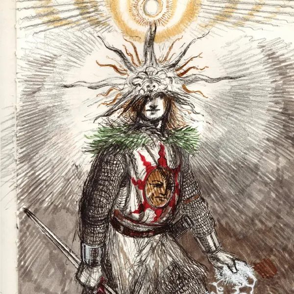 An ink and pencil drawing of a knight in a sunburst tabard under a radiant halo, from Half Gold / Half Dung