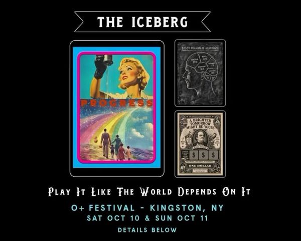 Announcement card for The Iceberg showing illustrated deck cards and session dates at the O+ Festival