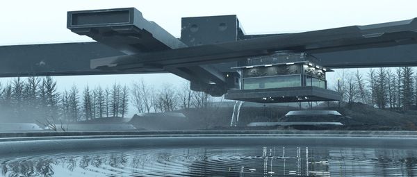 A vast machine hovers over a flooded landscape ringed by bare trees in Jeremy Kamal's Mojo: The Floods