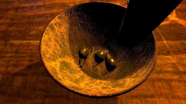 A 3D-rendered bowl lit in amber holds three snails, with a dark tool resting against the rim, on a wooden surface.