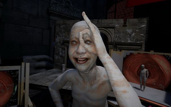 A grinning, chalk-white digital figure raises a hand to its forehead in a stone courtyard set with painted panels of red tissue.