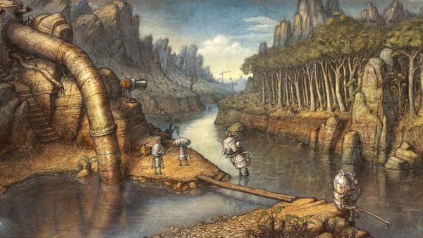 Two small robots in a hand-drawn valley landscape in Machinarium 2
