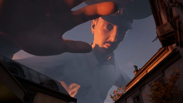A giant policeman in uniform looms between rooftops, looking down into a narrow street