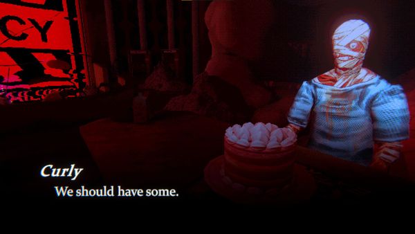 A bandaged crew member sits at a red-lit table aboard the freighter in Mouthwashing