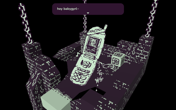 A dithered purple 3D room hung with chains, with a giant flip phone standing upright at its center