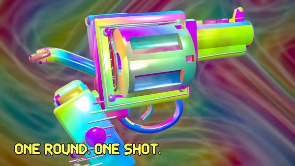 A rainbow-colored revolver floating against a swirling psychedelic background