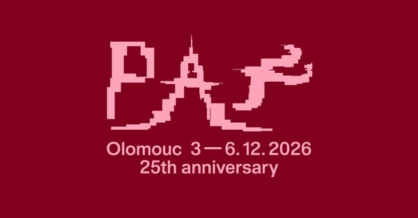 The PAF logo in pink pixel lettering on a dark red field, above the text Olomouc 3 to 6.12.2026, 25th anniversary.
