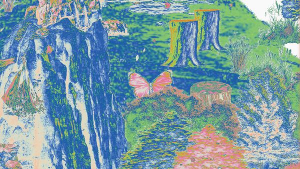 A pink butterfly hovers over a collaged landscape of rocks, tree stumps and a river in Paru-paro
