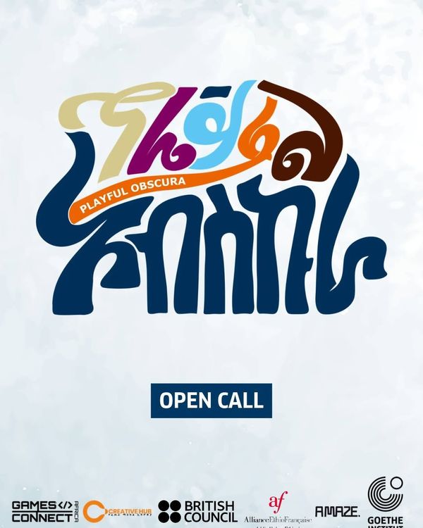 Hand-lettered Playful Obscura logo in blue, red and gold above an Open Call label and partner logos