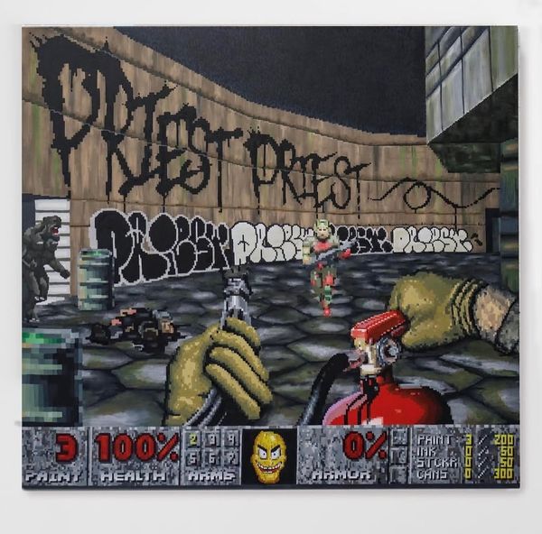A painting of Doom's first-person view with a marker and fire extinguisher for weapons, PRIEST tagged on the wall, and a status bar counting paint, ink, stickers and cans