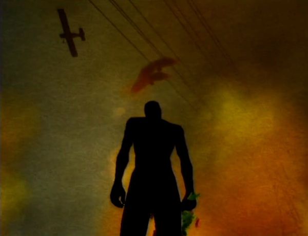 A silhouetted figure seen from below against an orange sky crossed by power lines, with a small biplane overhead, in a still from Rehearsals for Retirement.