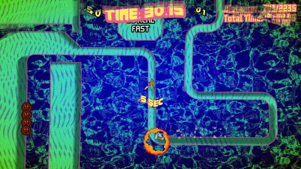 A dog flies on rockets through a neon club level in The Indomitable Rocket Dog