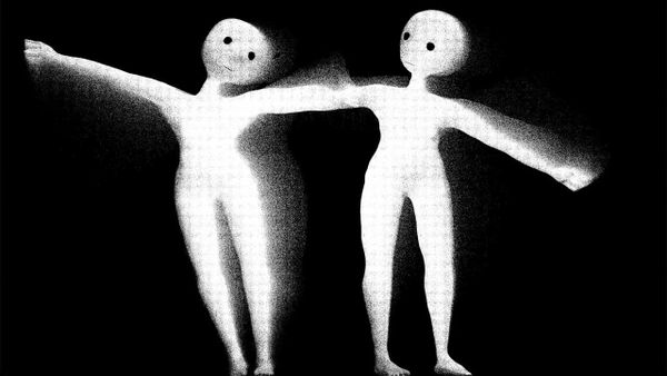 Two pale, featureless humanoid avatars gesturing at each other against a black background