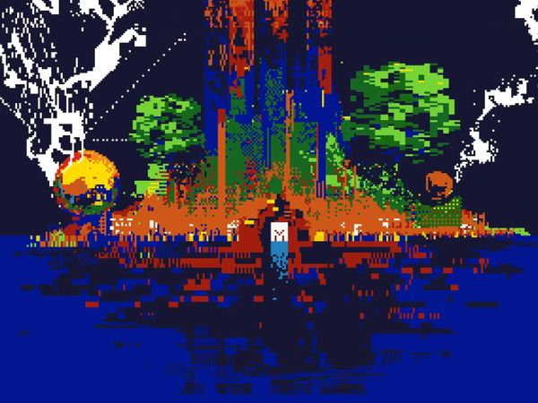 A castle and trees drawn in a harsh blue, red and green EGA-style palette