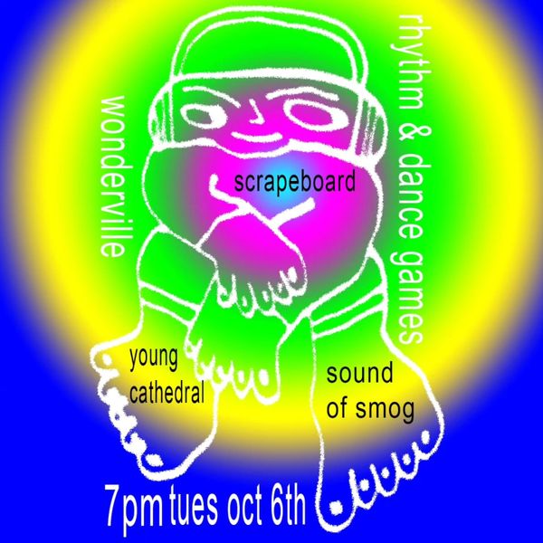 Neon flyer with a frog character announcing Scrapeboard and two rhythm games at Wonderville, 7 p.m. Tuesday Oct. 6
