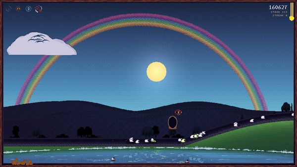 A pixel-art field at dusk under a rainbow, with a line of small white sheep crossing beside a pond