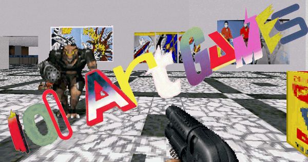 The words 100 Art Games in bubble letters over a pixelated first-person gallery with a monster and a shotgun