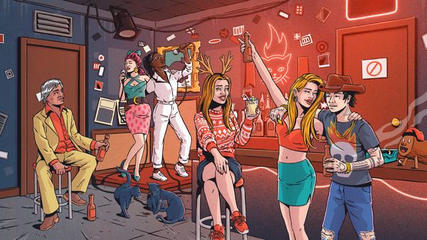 An illustrated crowd of drinkers and a dancing couple inside a red-lit dive bar, from Slime in the Ice Machine