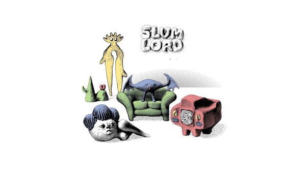 Mason Lindroth’s alternate cover for Slum Lord: clay-like figures on a white ground, including a bat creature perched on a green couch and a red television, under hand-lettered title text