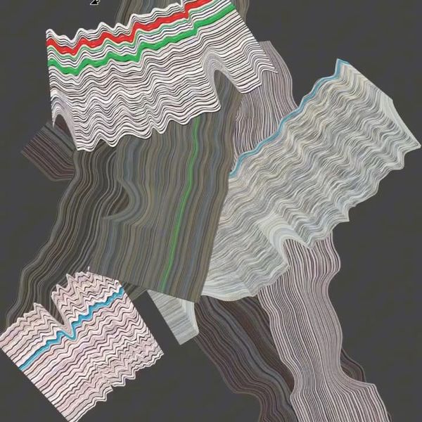 Layered ribbons of wavy black, white and colored lines folding across a gray field