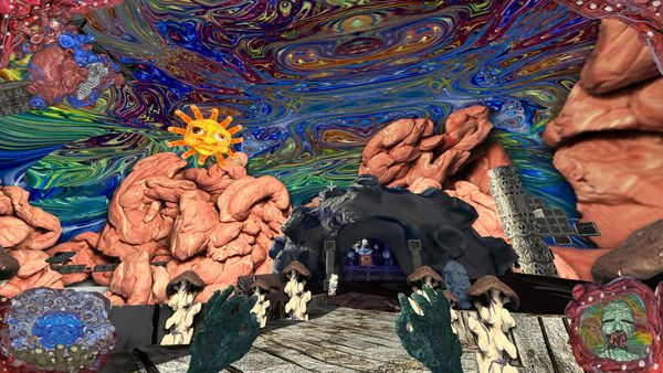 A landscape of sculpted clay in pink and orange under a swirling psychedelic sky, from the game Spectral Map