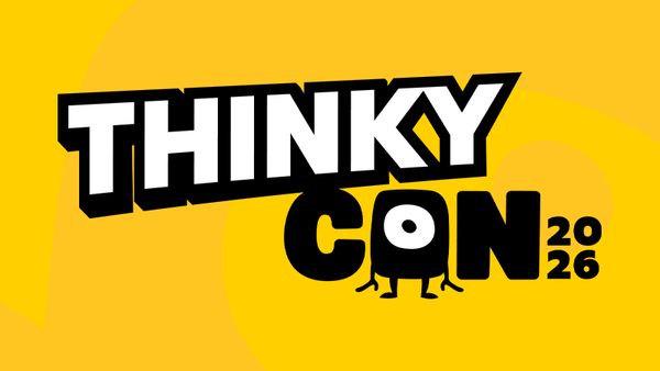 The ThinkyCon 2026 logo in black and white lettering on a yellow background