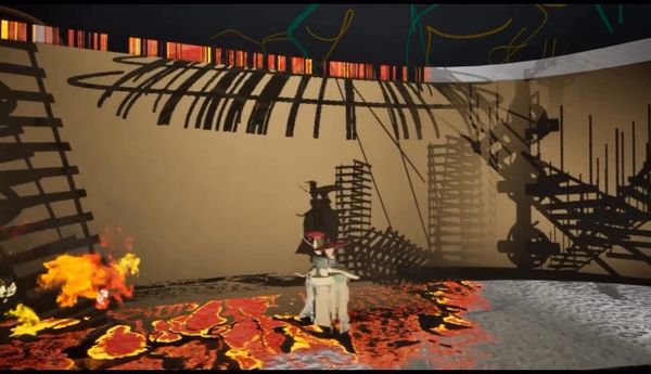 A circular chamber ringed by staircases and scaffolding, lit by fire, in the game THRESHOLD