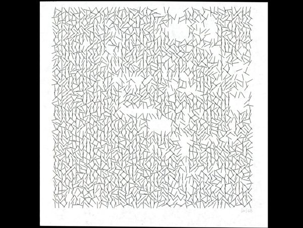A square field of short black lines at random angles on white paper, with a few empty patches.