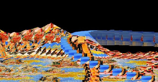 A rendered digital landscape of patterned orange and blue terrain