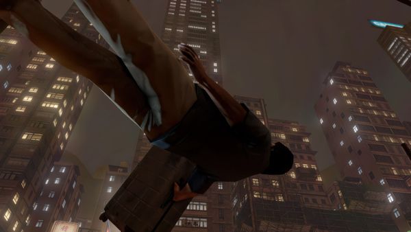 Game screenshot looking straight up from below street level at a man carrying a briefcase, with Hong Kong apartment towers lit against the night sky.