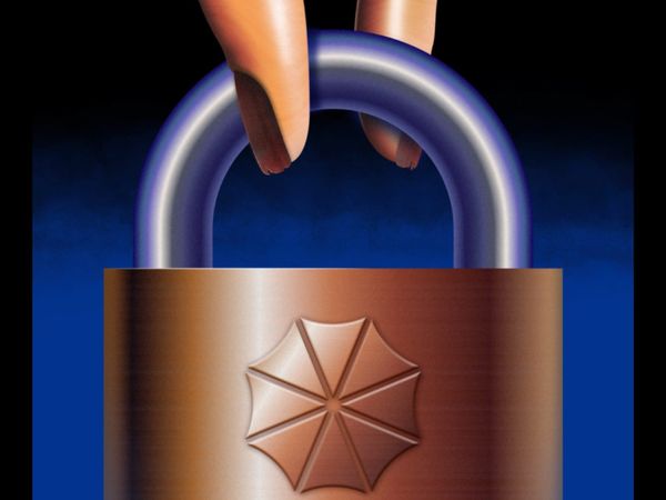 Two fingers grip a large padlock stamped with the Umbrella Corporation logo against a blue background