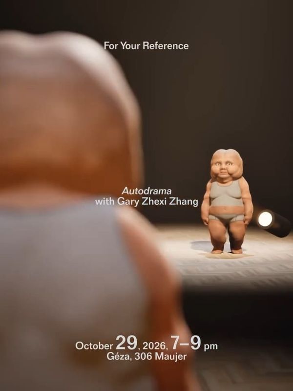 A pale, oversized babylike digital character standing alone under a spotlight on a dark stage