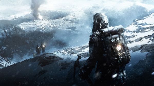 Frostpunk concept art, featuring a figure in heavy camping gear following a few other figures down a snowy mountain. everythi