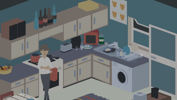screenshot from the game 29, showing a closer shot of the character standing in a kitchen