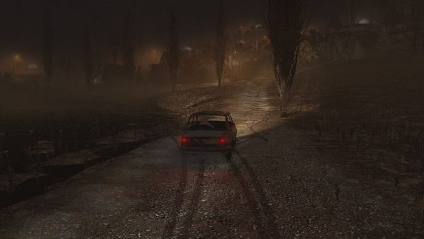 a car, tracks behind it in the wet asphalt as it goes towards a copse of thin trees in the fog, front headlights cutting thro