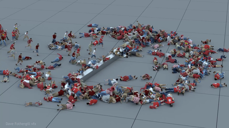 Watch a crowd of digital people cheerfully run into a giant metal propeller