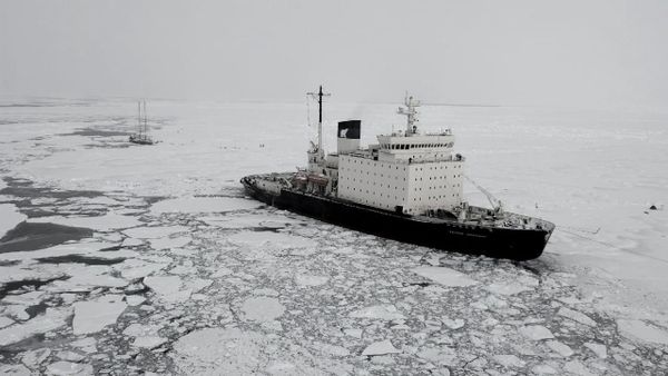 A Russian icebreaker Patrol Vessel navigating through first-year ice in the Arctic Shield