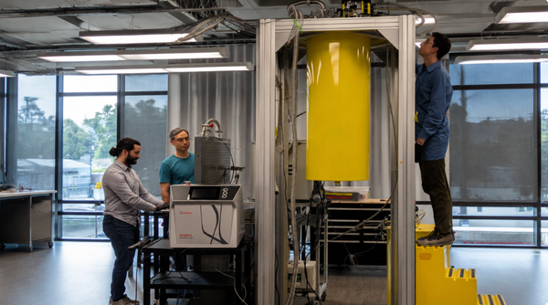 Mechanical Engineer Sam Heyd, Chief Technology Officer Gary Lai, and Chemical Engineer Brenden Pelkie operate Cold Capture in Interlune’s Lab at their Seattle headquarters. Credit: Interlune
