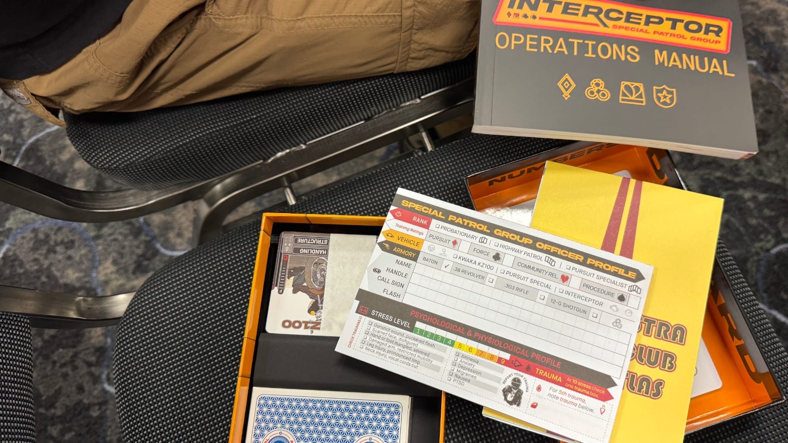 The Interceptor game fits in a small box and includes cards, character sheets, rules, and more.