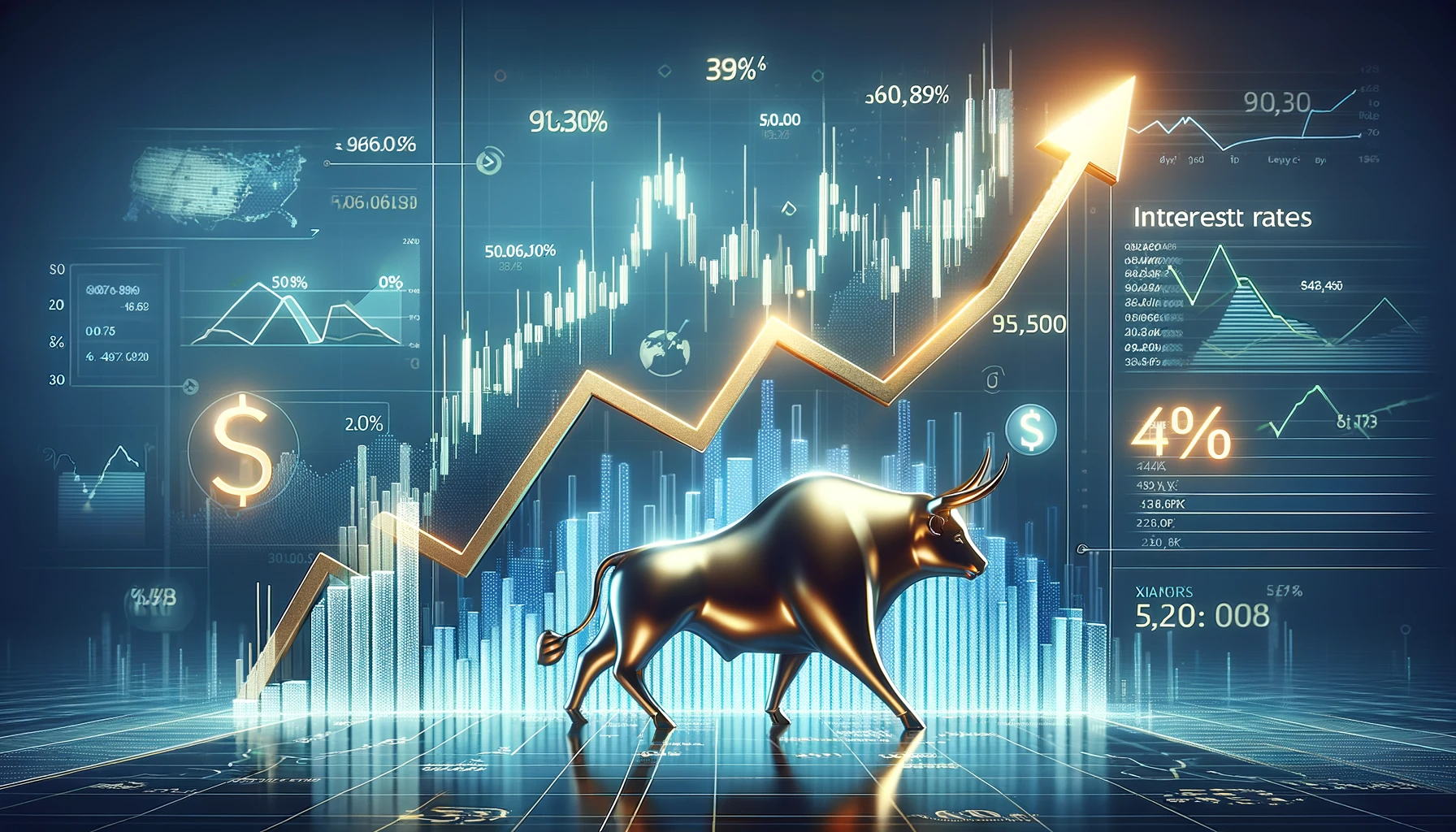 An image showing rising interest rates in the stock market and a bullish stock chart in the background